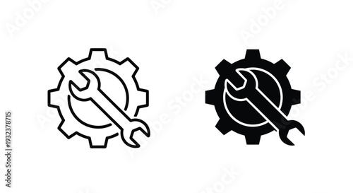 Two gear icons with a wrench inside outlined and filled versions
