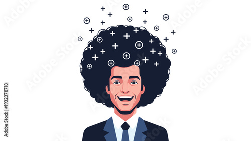 Portrait of a happy smiling man with a large afro hairstyle filled with floating white plus signs representing positive thinking or medical health.