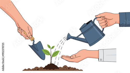 Three hands working together to care for a small green plant sprout by digging, watering with a can, and providing protection or support.