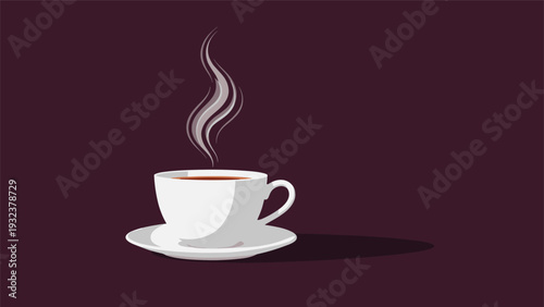 Simple illustration of a white ceramic cup on a saucer filled with hot coffee or tea with wispy steam rising against a dark purple background.