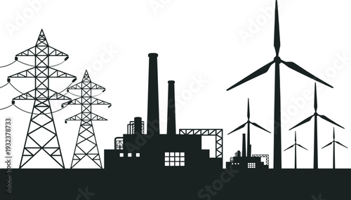 Industrial Energy Mix Silhouette, Power Plant with Smokestacks, High Voltage Towers, Wind Turbines, Fossil Fuel and Renewable Electricity Generation Vector Illustration
