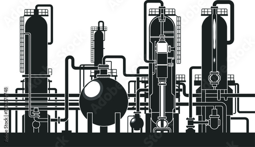 Oil Refinery Silhouette Vector Illustration, Petrochemical Industrial Plant, Distillation Towers, Storage Spheres, Pipes and Refining Equipment, Fossil Fuel Processing Black Outline Art