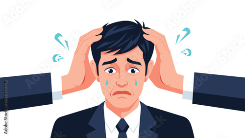 Worried businessman in a suit with two giant hands from the side covering his ears representing being overwhelmed or ignoring information.