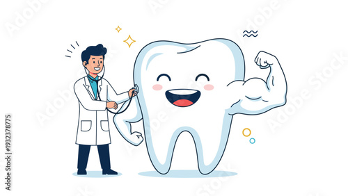 Friendly dentist or doctor using a stethoscope to check a giant healthy white tooth with a smiling face and strong muscular arms.
