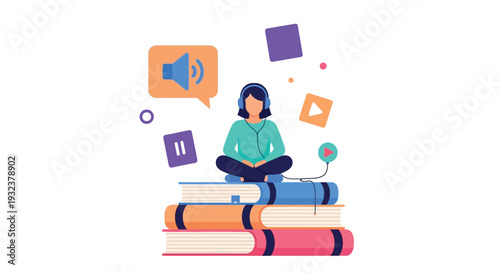 Person wearing headphones sitting cross-legged atop a stack of colorful physical books learning concepts