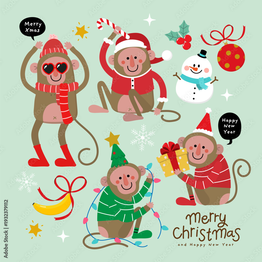 Fototapeta premium Merry Christmas and happy new year greeting card with cute monkey wear winter costume. Animal holidays cartoon character. -vector