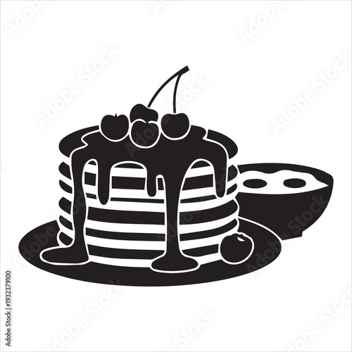 A delightful black and white illustration of a pancake stack with cherries