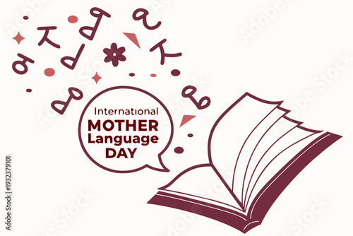 Vector graphic illustration celebrating international mother language day with an open book and flowing abstract characters representing multilingual communication and learning.