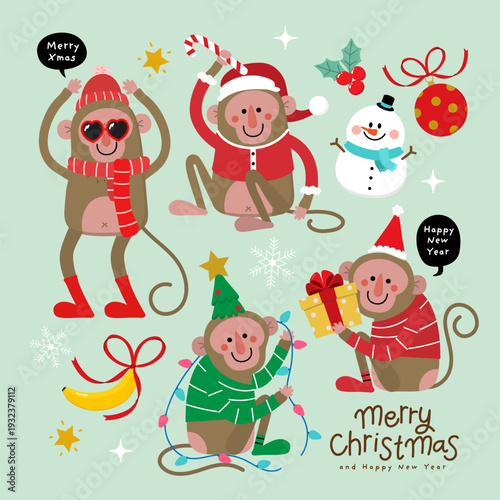 Merry Christmas and happy new year greeting card with cute monkey wear winter costume. Animal holidays cartoon character. -vector