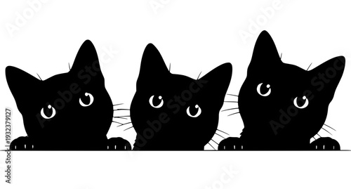 Peeking black cats vector illustration set with big green eyes on pink background