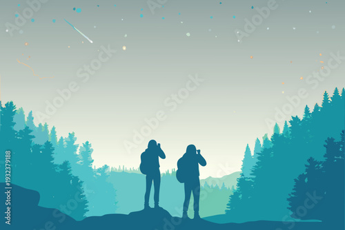 Two Hikers Photographing Starry Night Sky Over Forested Mountains