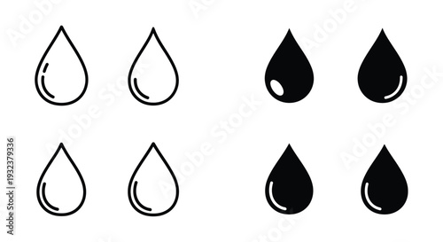 A collection of black and white droplet icons in varying styles