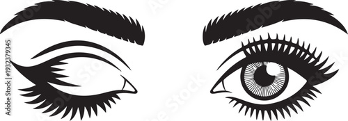 Hand-drawn woman's sexy makeup look with perfectly perfectly shaped eyebrows and extra full lashes. Idea for business visit card, typography vector.Perfect salon look