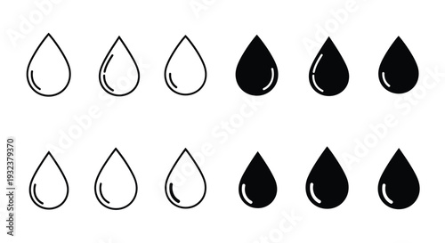 Stylized water droplets in black and white arranged in two rows