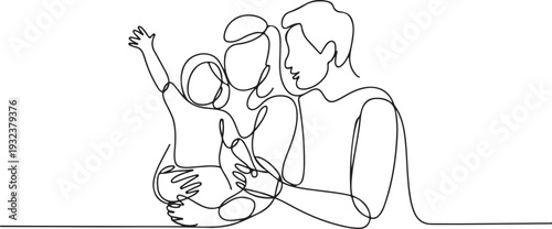 Happy family in continuous line art drawing style. United family portrait of parents and their little girl kid black linear sketch isolated on white background. Vector illustration
