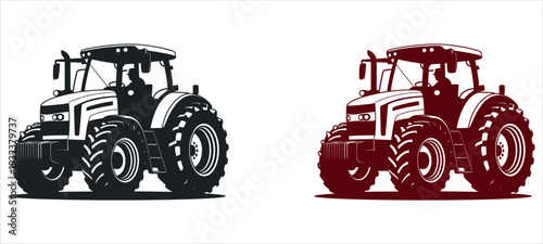 Modern Agricultural Tractor with Driver Silhouette and Heavy Duty Farming Machinery Vector Illustration.