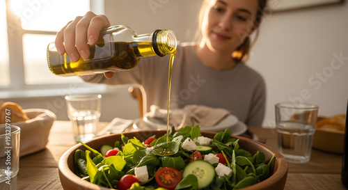 Close up of a person drizzling oil from a glass bottle onto a bowl of healthy vegetables and feta cheese