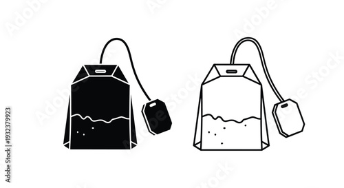 Two black and white illustrations of tea bags with attached tags and strings