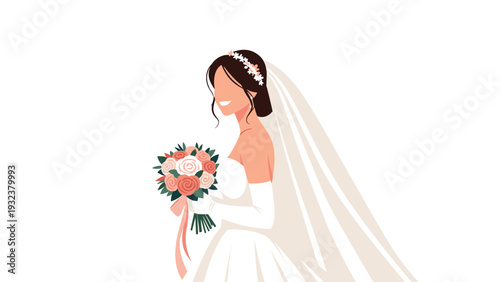 Beautiful bride in a white wedding dress holding a bouquet of roses represents celebration and a happy marriage ceremony.