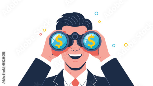 Happy businessman looking through binoculars with dollar signs in his eyes signifies financial vision and opportunity.