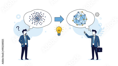 Businessman solving a complex problem and turning chaos into a structured network with a bright idea lightbulb icon.
