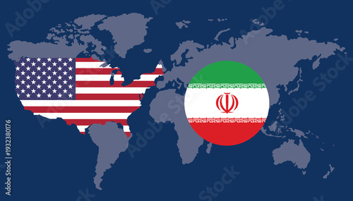 Iran and USA flag on world map.