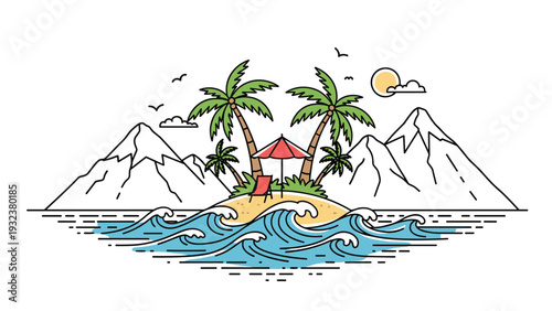 Beautiful tropical island with palm trees mountains and a red beach chair under an umbrella for summer vacation.