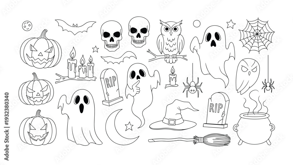 Obraz premium Extensive collection of Halloween line art icons including pumpkins, ghosts, bats, and skulls for spooky holiday decorations.