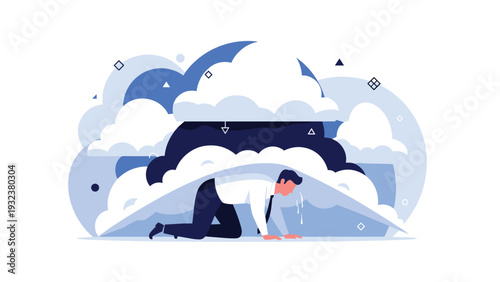 Businessman struggles by crawling on the ground underneath a heavy layer of dark storm clouds representing stress and burden.
