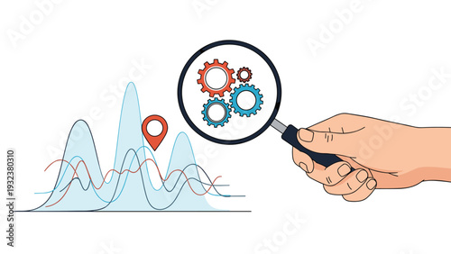 Magnifying glass held by a hand focuses on colorful gears and machinery over a complex data graph for business system analysis.