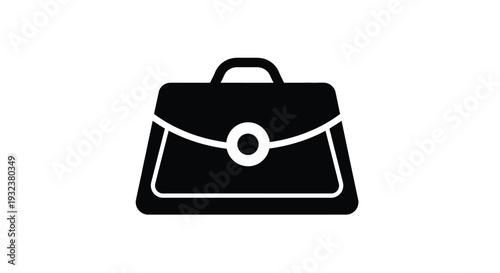 A simple black and white icon depicting a classic briefcase design