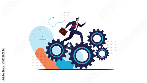 Focused businessman with a briefcase runs along a series of moving mechanical gears to represent productivity and teamwork.