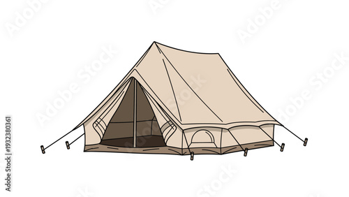 Simple illustration of a classic beige canvas camping tent with its flaps open and ropes staked firmly into the ground area.