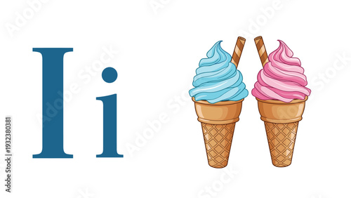 Blue capital and lowercase letter I are placed next to two soft serve ice cream cones in blue and pink for educational use.