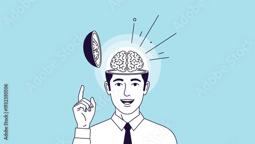 Smiling man in a business shirt has his head open like a lid to reveal a glowing brain inside with rays of light.