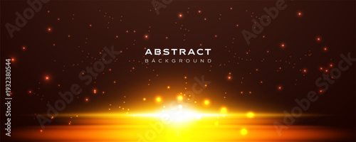 Glowing orange abstract background with bright horizon light and floating spark particles. Futuristic digital energy vector design with warm neon glow and cinematic atmosphere