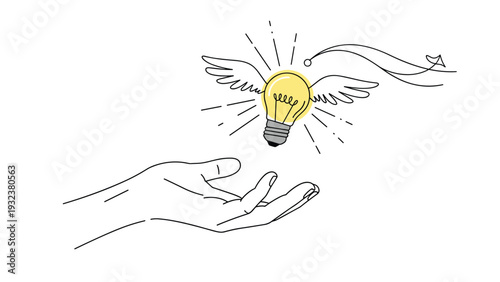 Elegant drawing of a hand reaching up towards a glowing yellow light bulb with wings that is flying away into the air.