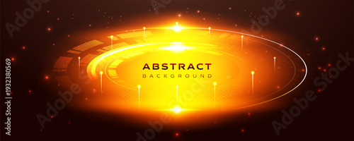 Glowing orange abstract technology background with circular light rings and futuristic digital energy effect. Modern sci fi vector design with bright neon glow and dynamic radial composition.