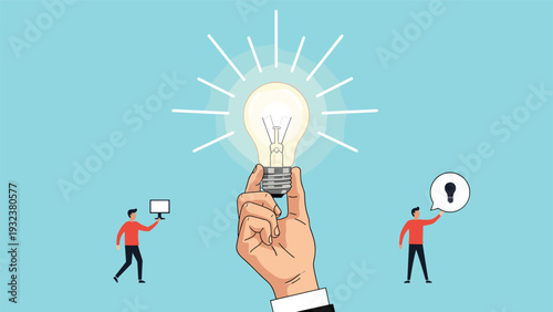 Large hand in a business suit holds a giant glowing light bulb while two small workers look on in awe and inspiration.