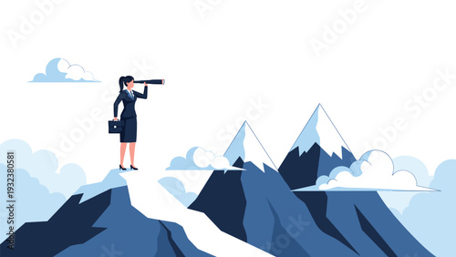 Businesswoman in a suit stands on top of a snowy mountain peak using a long telescope to look at distant snowy peaks.