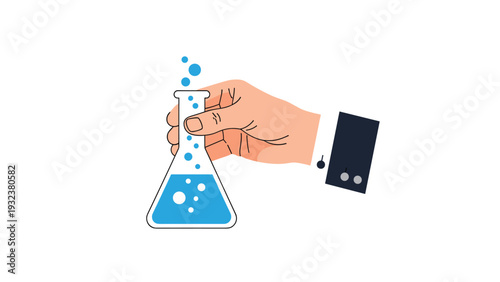 Professional hand wearing a suit cuff holds a glass laboratory flask filled with bubbling blue liquid and light vapor.