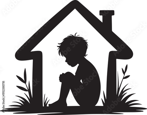 Vulnerable child silhouette in broken home represents homelessness, poverty, social issues, and child welfare