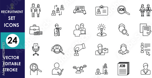 Collection of recruitment themed line icons featuring hiring process, job interview, resume, team selection, candidate search, HR management symbols in minimal vector style