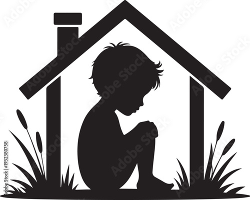 Vulnerable child silhouette in broken home represents homelessness, poverty, social issues, and child welfare