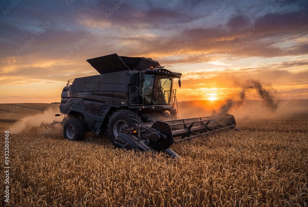 Obraz premium Black combine harvester harvesting wheat field at sunset