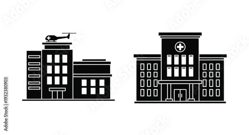 Black and white illustration of hospital buildings with a medical helicopter
