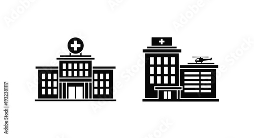 Two hospital building icons one with a helicopter landing pad