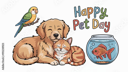 Golden retriever dog orange cat parrot and goldfish celebrate happy pet day together