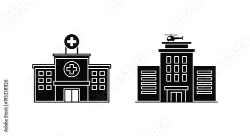 Black and white illustration of a hospital and city building