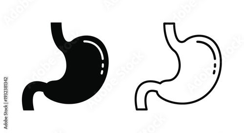 Two stomach illustrations a filled black version and a white outline
